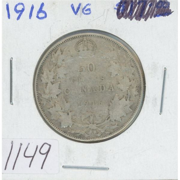 Canadian 1916 George V Silver 50 Cents. Key Date. Mintage of 459,070. VG-8.