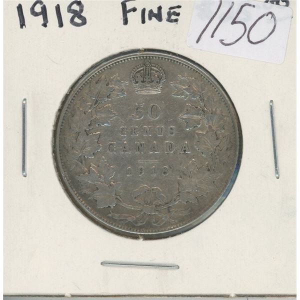Canadian 1918 George V Silver 50 Cents. Last Year of World War I. F-12. Nice.