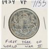 Image 1 : Canadian 1939 George VI Silver 50 Cents. Key Date. Mintage of 287,976. First year of World War II. V
