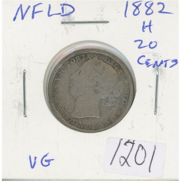 Newfoundland 1882H 20 Cents. Heaton Mint. Mintage of 100,000. VG-8.