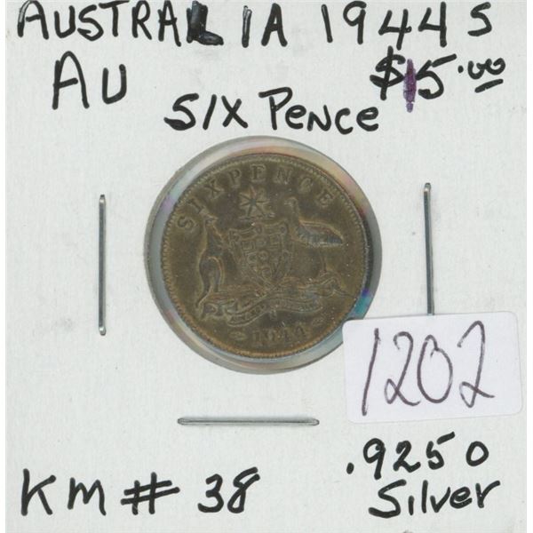 Australia. 1944S Silver 6 Pence. World War II issue. Minted in San Francisco. AU-50.