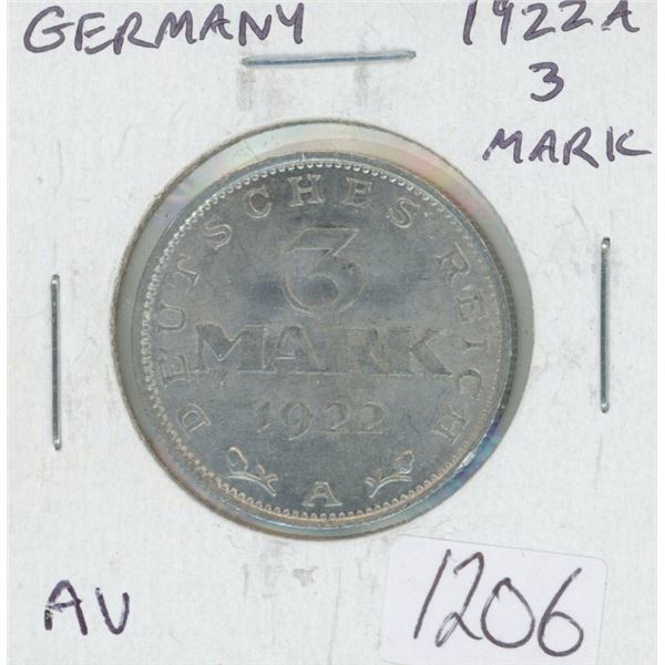 Germany – Weimar Republic. 1922A 3 Mark. Berlin Mint. AU.