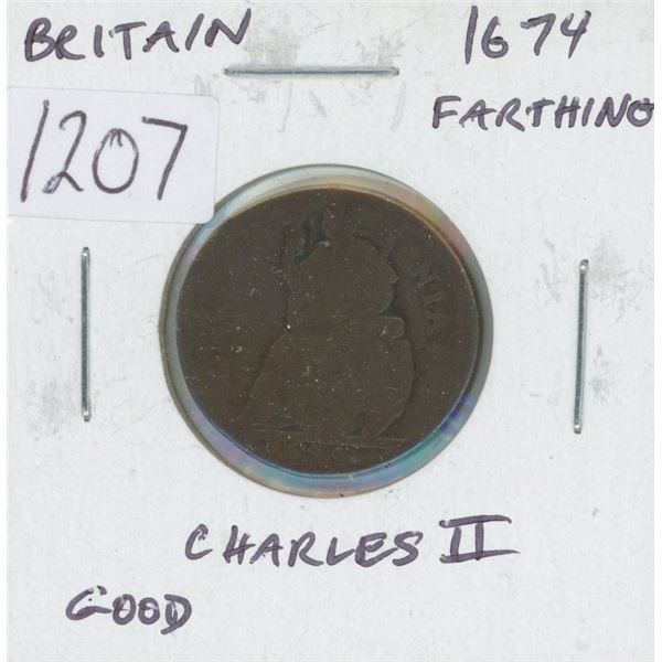 Great Britain. 1674 Farthing. King Charles II. Good.