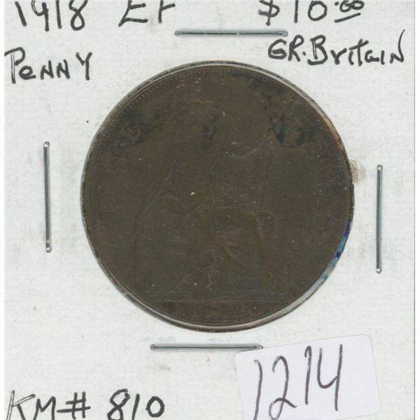 Great Britain. 1918 Penny. Last year of World War I. EF.
