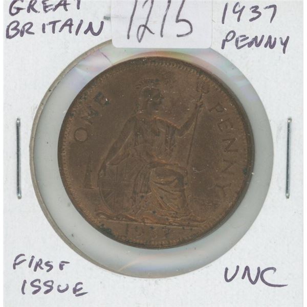Great Britain. 1937 Penny. First issue of King George VI. Uncirculated with Traces of Lustre. Nice.