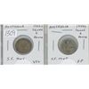 1309  Lot of 2 Australian Silver 6 Pence issued during World War II. 1942S and 1944S. Both minted in San F