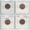 1329  Lot of 4 different 1963 Canadian Small Cents with different Hanging 3s from different Die Clashes. I