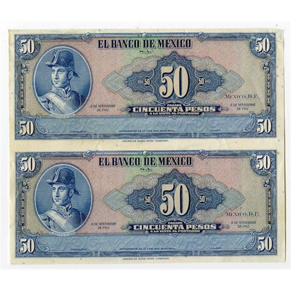 Banco de Mexico. 1961. Uncut Pair of 50 Pesos Progress Proof/Specimens