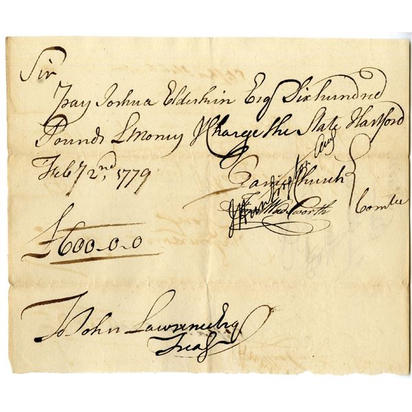 Revolutionary War Connecticut, 1779 Promissory Note Signed by Fenn Wadsworth and Jedediah Huntington