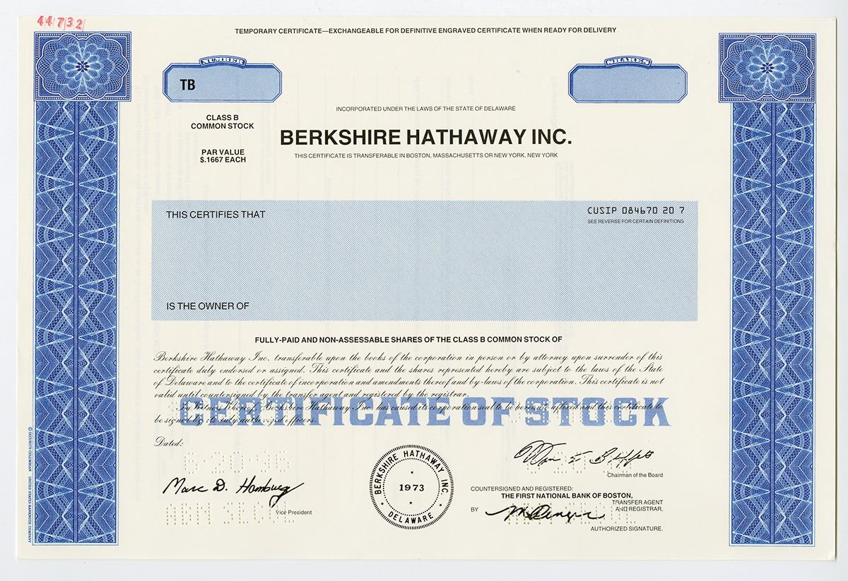 Berkshire Hathaway Inc 1973 1996 Specimen Stock Certificate With berkshire-hathaway-inc-1973-1996-specimen-stock-certificate-with