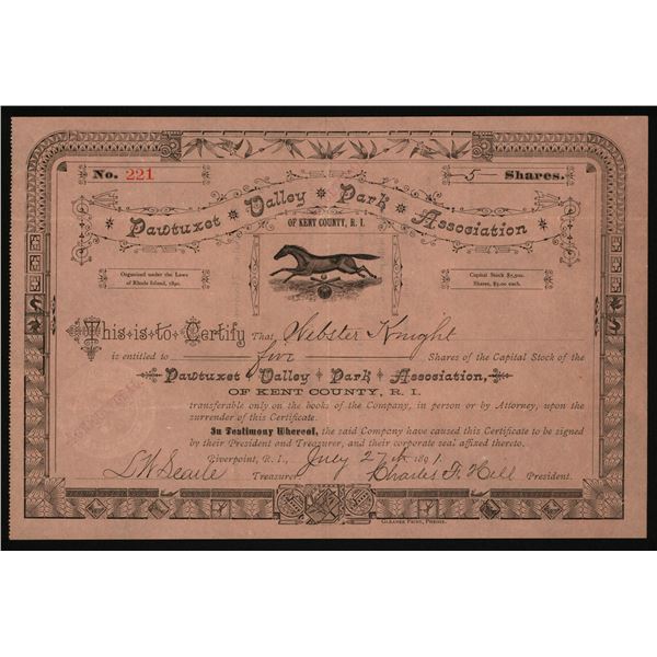 Pawtuxet Valley Park Assoc., 1891. I/U Baseball Related Stock Certificate