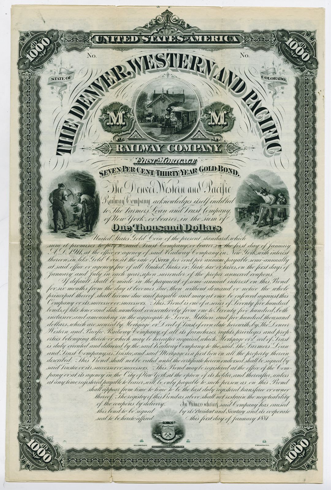 Denver Western And Pacific Railway Co 1881 Specimen Coupon Bond Denver Western And Pacific Railway Co 1881 Specimen Coupon Bond