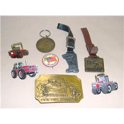 Box Lot of Misc Farm Memorabilia--CAT Watch fob & Belt buckle, IH pins and more