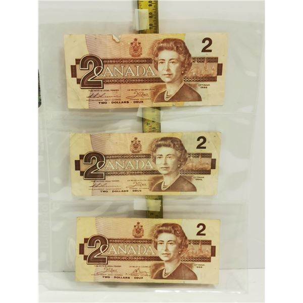 LOT OF 3 1986 $2 BANK OF CANADA BANKNOTES