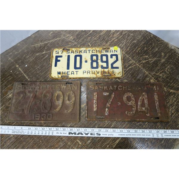 3 Sask Plates - 1930, 1941, 1957