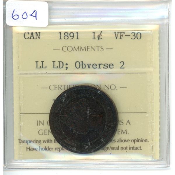 1891 ICCS VF-30 Large Leaves, Large Date One Cent - Coin