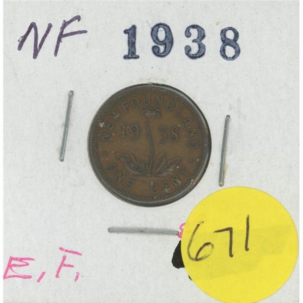 1938 one cent coin Newfoundland