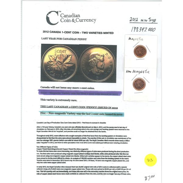 2 x CAN "Last Year" One Cent Coins