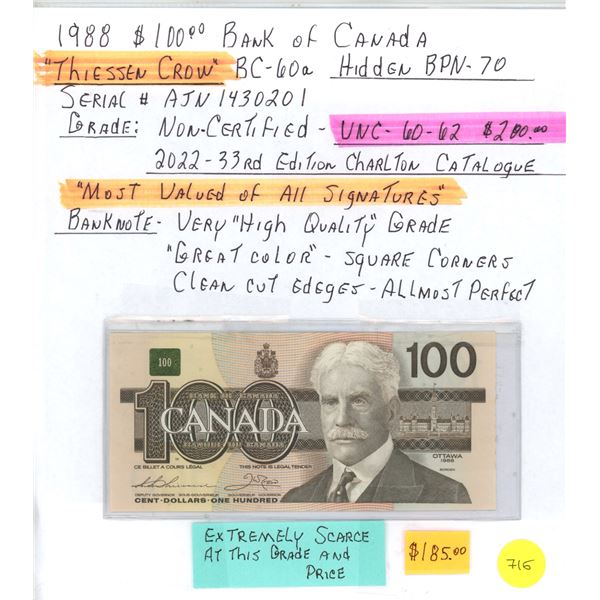 1988 CAN $100 Dollar Bill "Thiessen Crow"