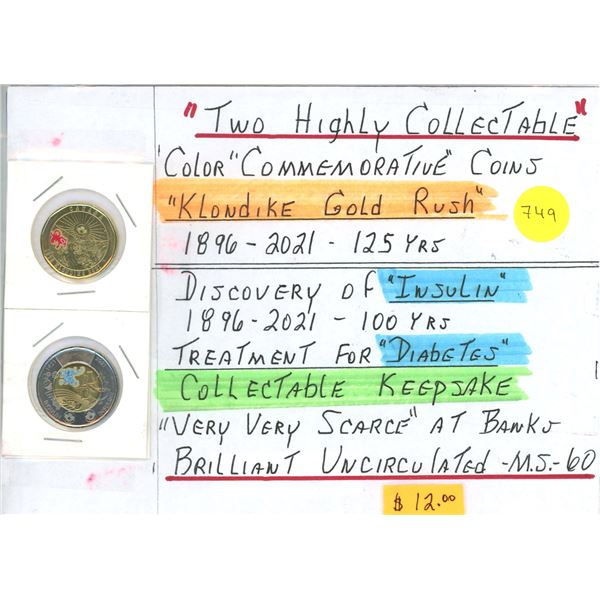 2 x CAN Coins - $1 "Klondike" Colour Coin, $2 "Insulin" Colour Coin