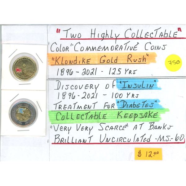 2 x CAN Coins - $1 "Klondike" Colour Coin, $2 "Insulin" Colour Coin