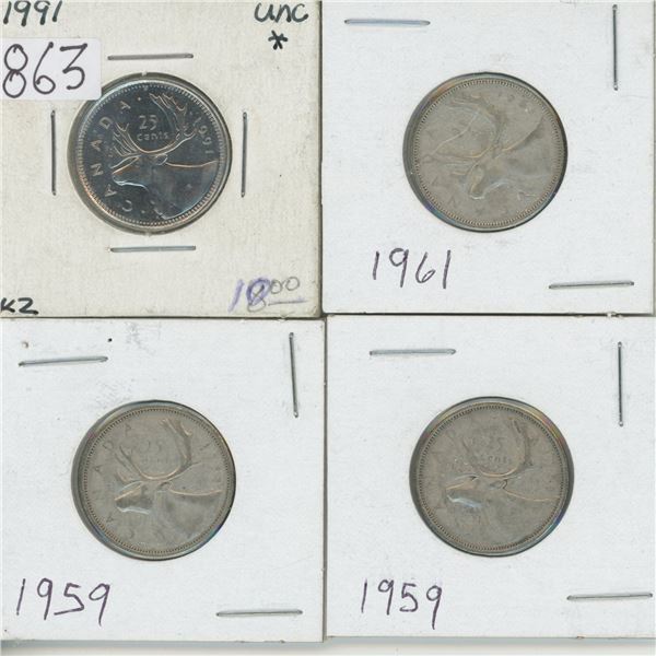 4 - 25¢ Coins Canada, 3 Silver, 1 Newer Non-Silver