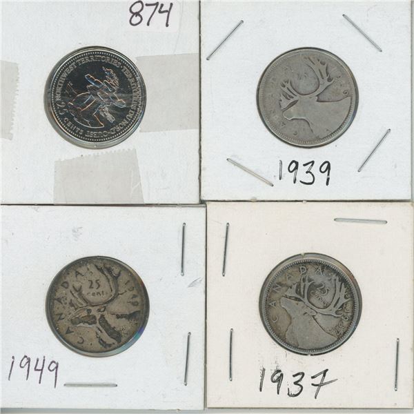 4 25¢ Coins Canada, 3 Silver, 1 Newer Non-Silver