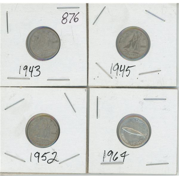 4 - 10¢ Silver Coins Canada -