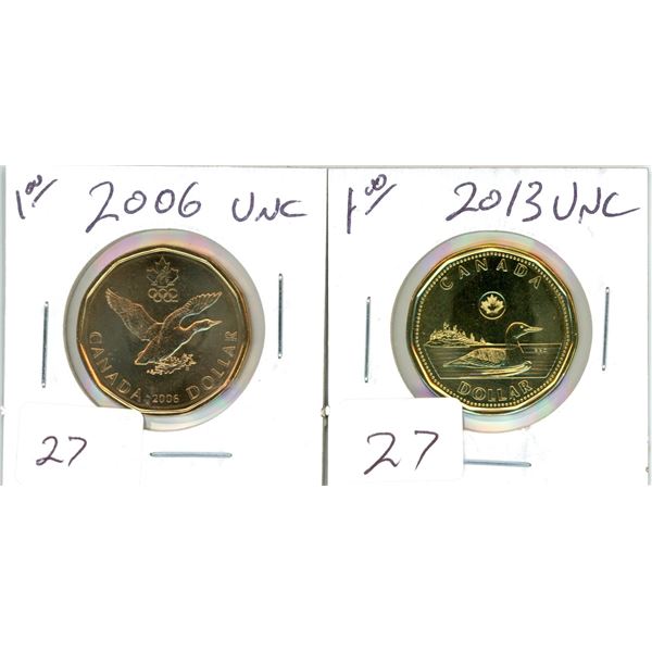 (1) 2013 loonie UNC & (1) 2006 Loonie UNC