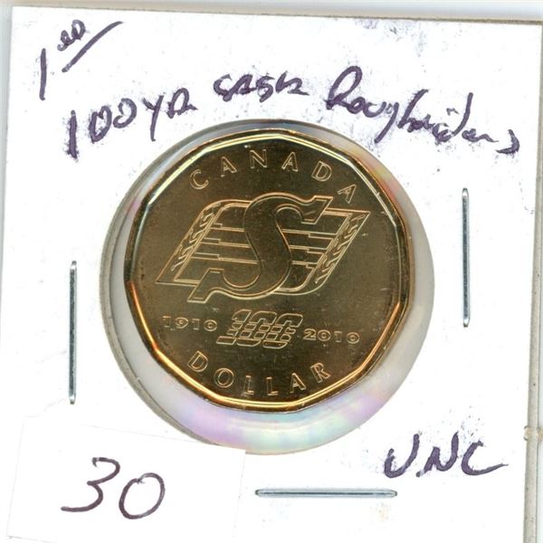 (1) 100 year Sask Roughriders loonie UNC