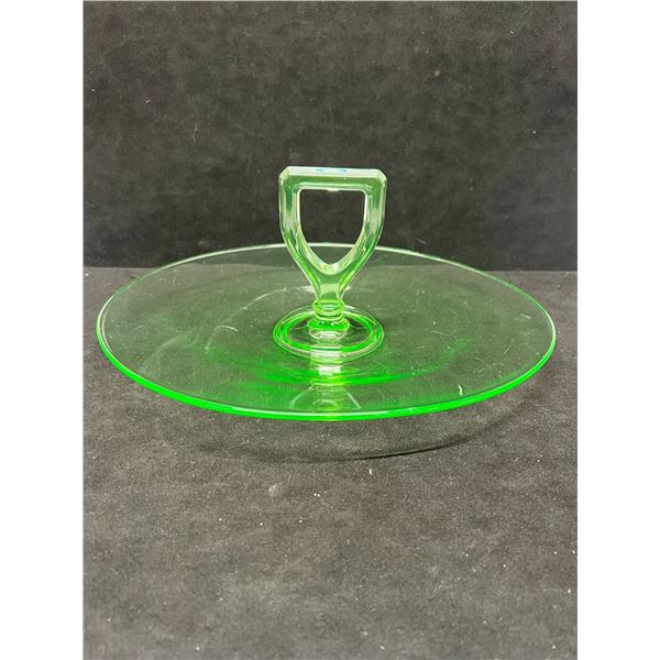 Green Depression Glass Serving Tray w/handle Approx 12x10"