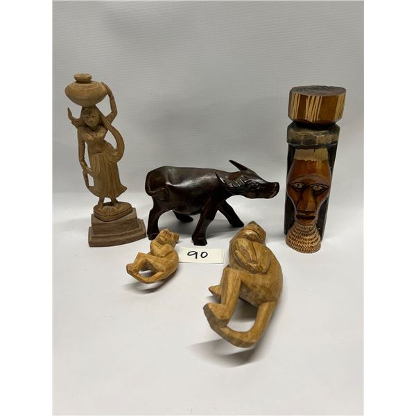 5 Wood Carved Figures / Animals Carvings Tallest  Approx: 7.5"