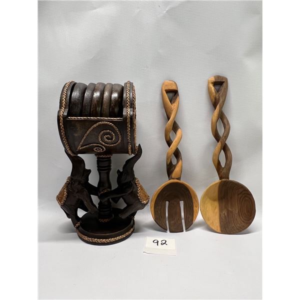 Carved Wood Elephant Coaster Set & Wood Fork/Spoon (Spoons approx: 11.25")