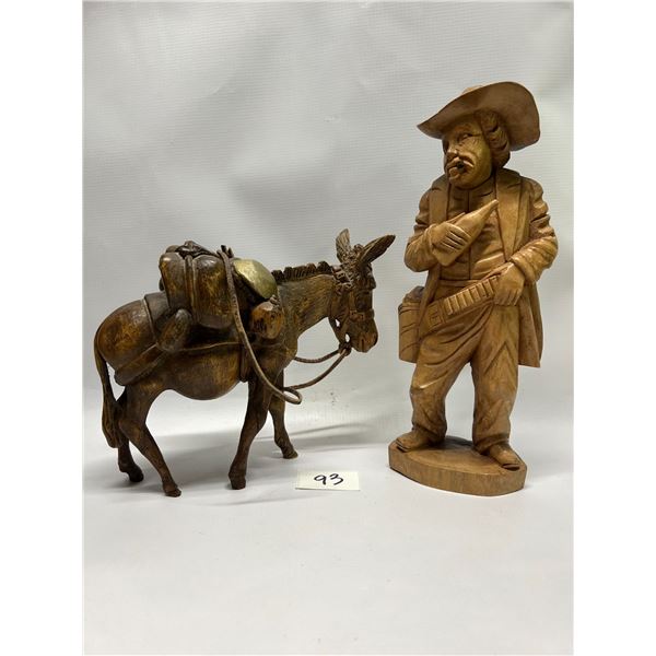 2 Carved Figures Man and Donkey Tallest approx: 11.5"