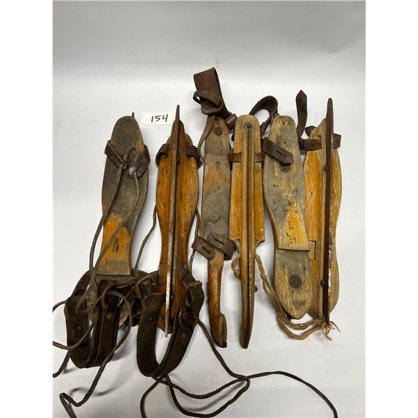 3 Pairs Antique wooden Strap on Ice Skates Approx: 12-13"