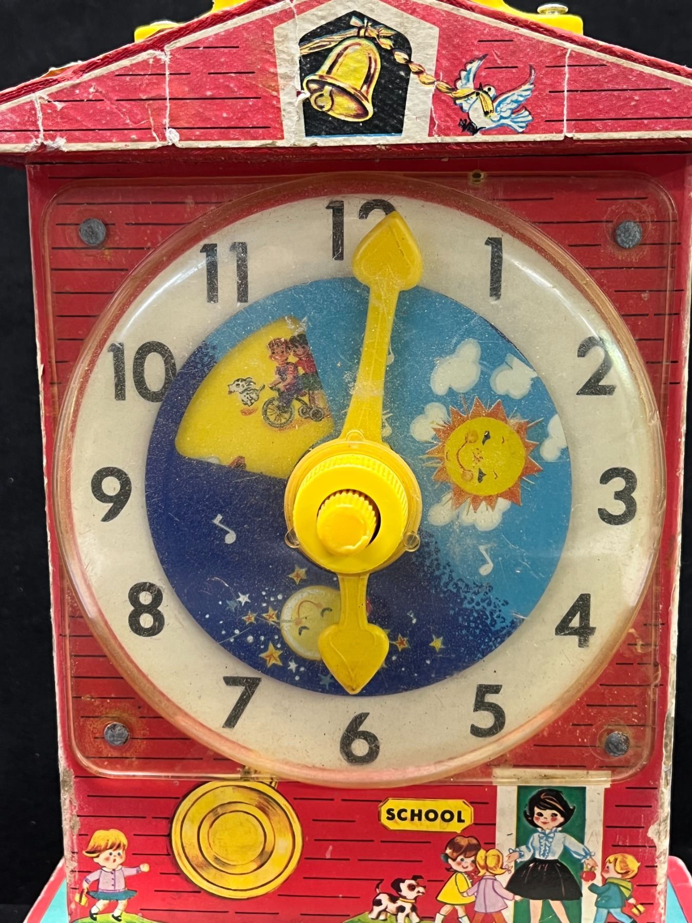 Vintage Fisher Price Music Box Teaching Clock Approx 6.5"W 10.5"T