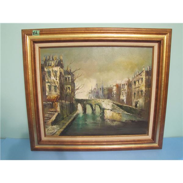 frame oil on canvas, signed, approximately 31 by 28. canal