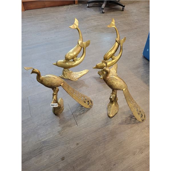 Vintage Brass Statues (Dolphins x2 & Peacocks x2) Average 16" x 8"