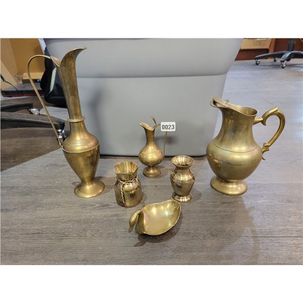 Assorted Vintage Brass Collectibles - Pitchers - Swan Dish - "Money Bag" - Small Vase