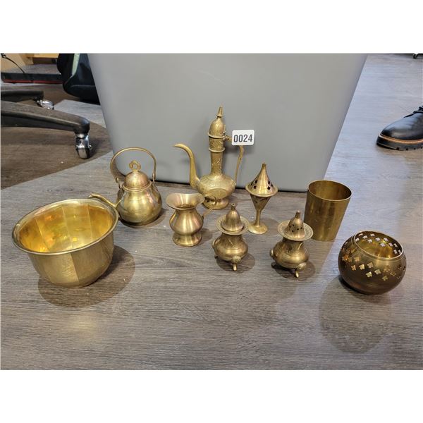 Assorted Vintage Brass Collectibles - Salt & Pepper Shakers - Coffee Pot - Tea Pot - Candle Holder