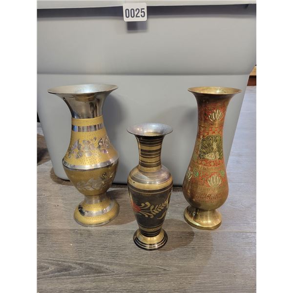 Vintage Etched in Color Brass Vase 15"h - Floral Etched Vase 15"h - Vines & Floral Vase 12"h