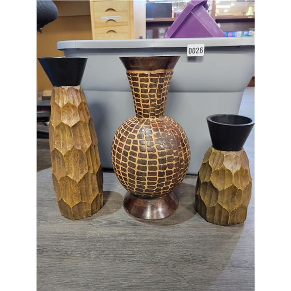 Uniquely Carved Large & Small Wooden Vases 20"h & 12"h  - Ceramic Bulbous body Vase 20"h