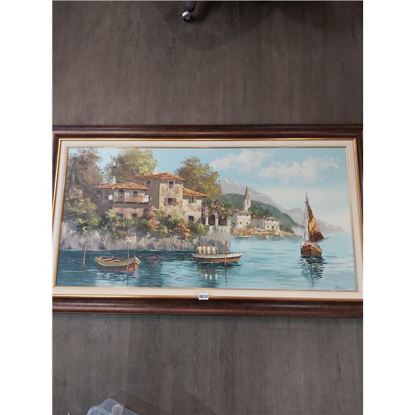 Vintage Framed Henry Berte Signed Italian Villa Boats Seascape Oil Painting Provenance 31"h x 55"w
