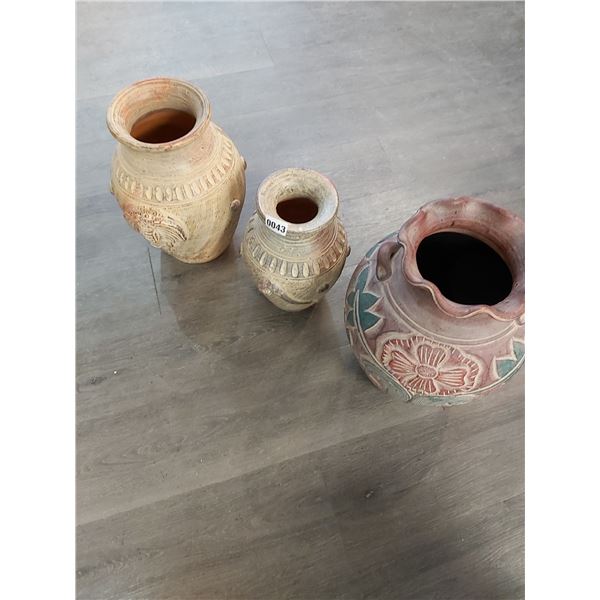 Vintage Elaborate Carved Pottery Vases - Brown 16"h x 11"w - Cream 15"h x 10"w & 12"h x 8"w