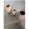 Image 1 : Vintage Elaborate Carved Pottery Vases - Brown 16"h x 11"w - Cream 15"h x 10"w & 12"h x 8"w