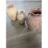 Image 2 : Vintage Elaborate Carved Pottery Vases - Brown 16"h x 11"w - Cream 15"h x 10"w & 12"h x 8"w
