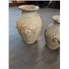 Image 3 : Vintage Elaborate Carved Pottery Vases - Brown 16"h x 11"w - Cream 15"h x 10"w & 12"h x 8"w