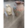 Image 4 : Vintage Elaborate Carved Pottery Vases - Brown 16"h x 11"w - Cream 15"h x 10"w & 12"h x 8"w