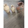 Image 5 : Vintage Elaborate Carved Pottery Vases - Brown 16"h x 11"w - Cream 15"h x 10"w & 12"h x 8"w