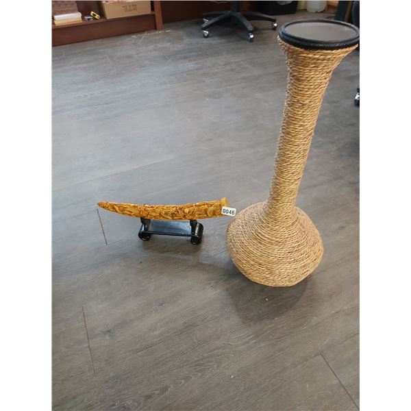 Chinese Resin Carved Tusk with Stand 15"l x 2"d x 7"h - Wicker Vase 24"h x 9"w